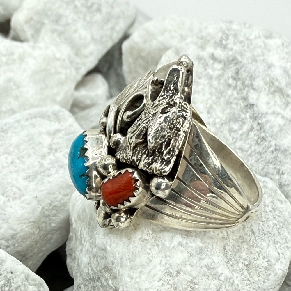 Navajo Sterling Silver Wolf Ring w/ Turquoise & Coral—Genevieve Francisco — 10.5 - Picture 4 of 8